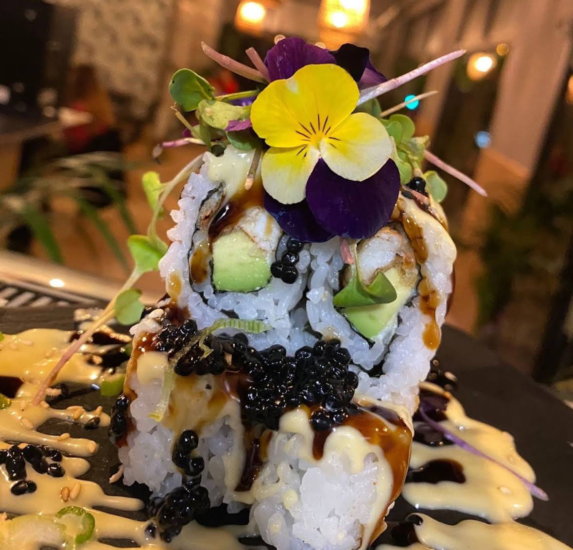 Signature Harajuku roll with edible flowers